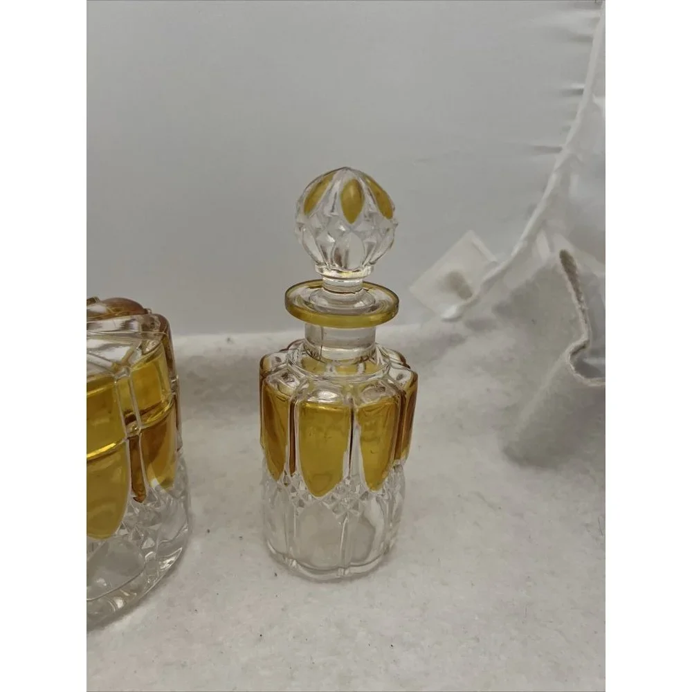 Antique Circa 1908 Val St Lambert Yellow & Clear Glass 8 Piece Vanity Set